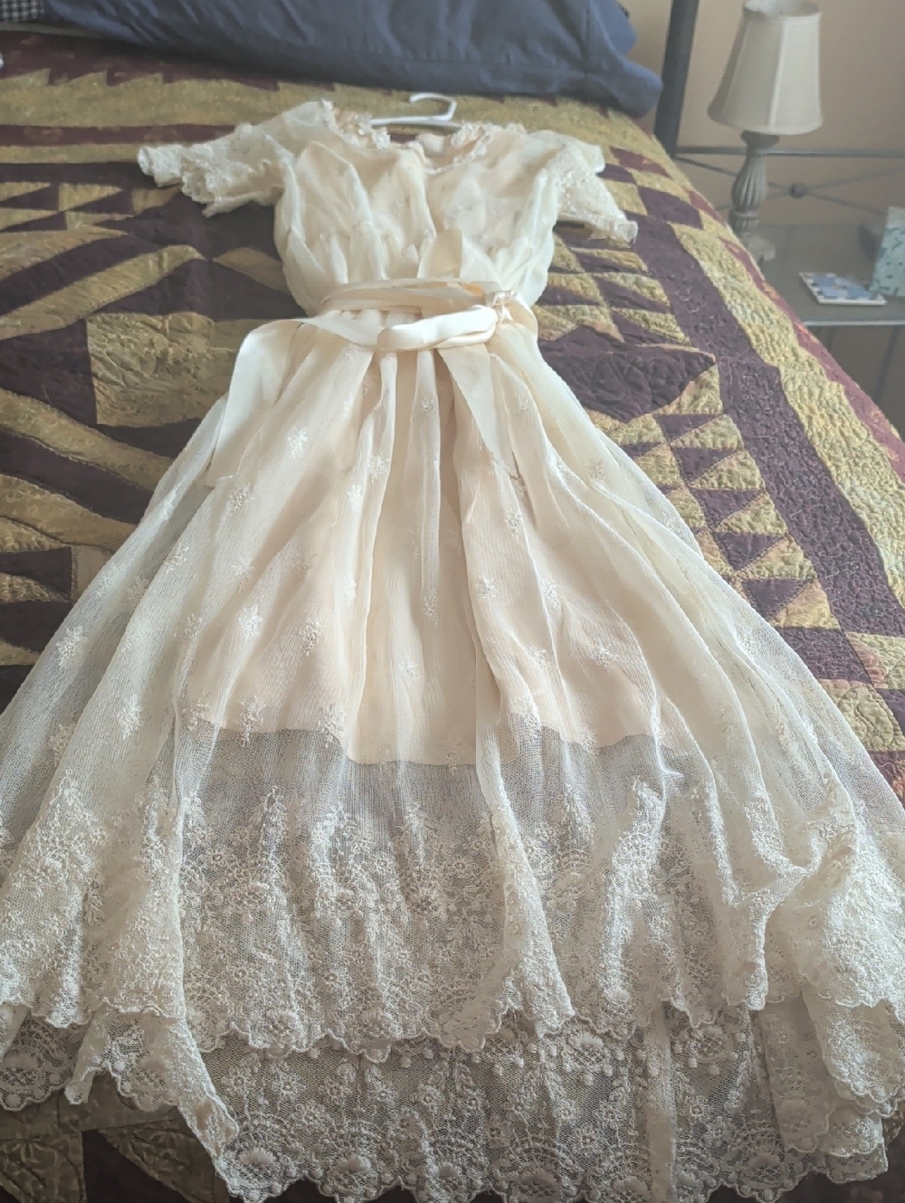 Vintage Ivory Lace Midi Dress with Satin Sash